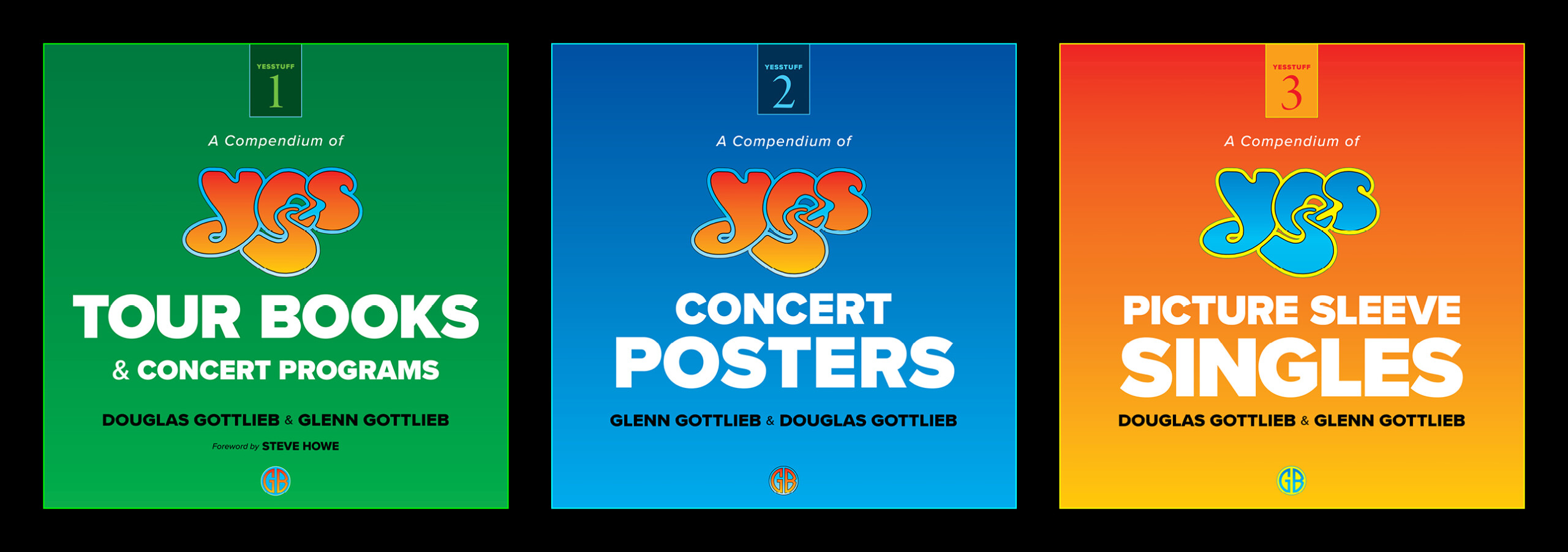 Covers of Yesstuff Books 1 on YES Tour Books, 2 on Concert Posters, 3 on Picture Sleeve 45 rpm records