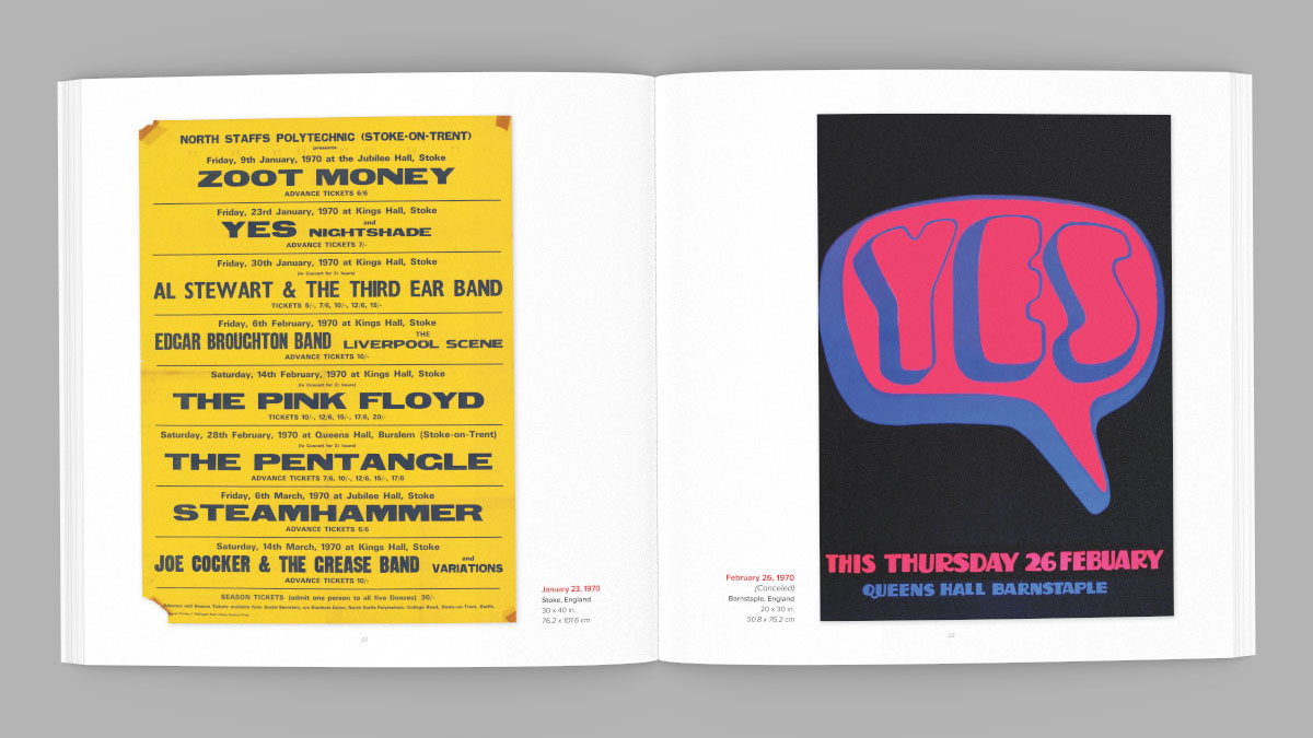Posters for YES concerts in 1970 shown on pages from Yesstuff Volume 2: A Compendium of YES Concert Posters