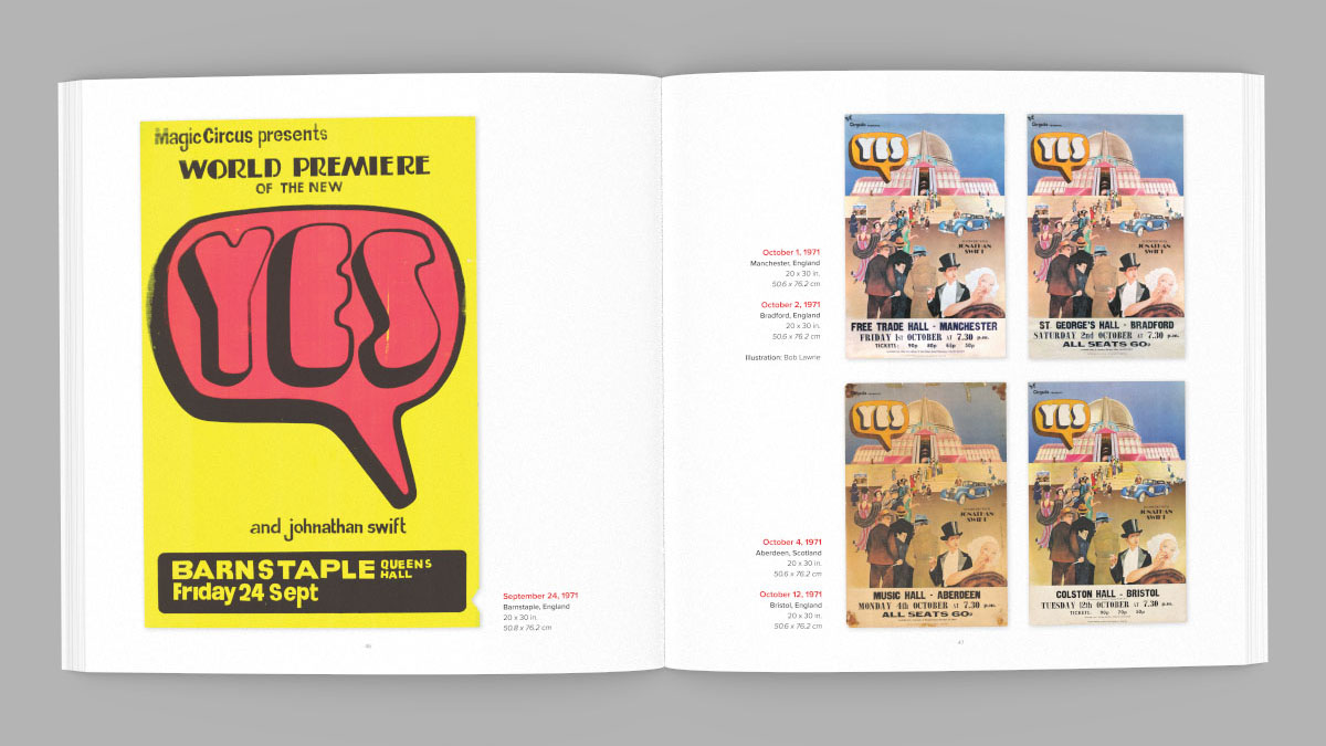 Posters for YES concerts in 1971 shown on pages from Yesstuff Volume 2: A Compendium of YES Concert Posters