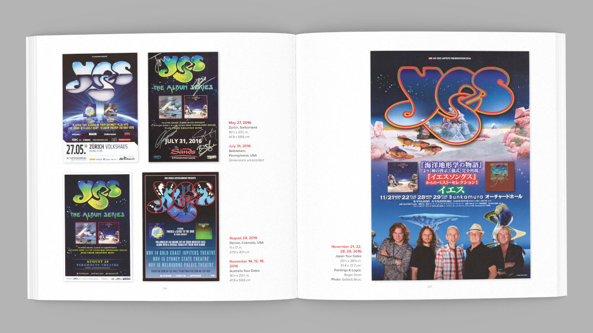 Posters for YES concerts in 2016 for "The Album Series" shown on pages from Yesstuff Volume 2: A Compendium of YES Concert Posters